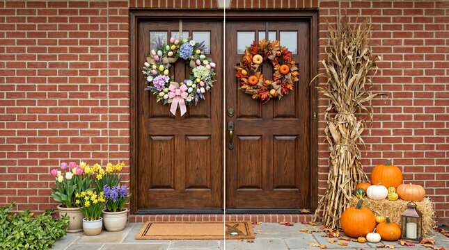Seasonal Front Door Decoration Split View Showing Spring and Autumn Themes