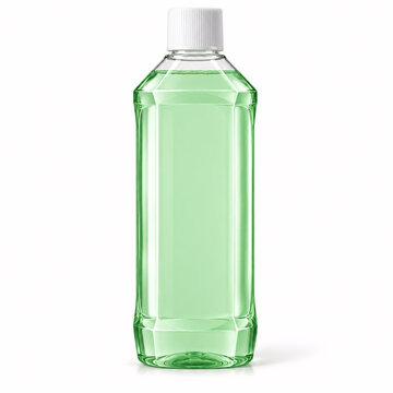 A bottle of green mouthwash on a white background