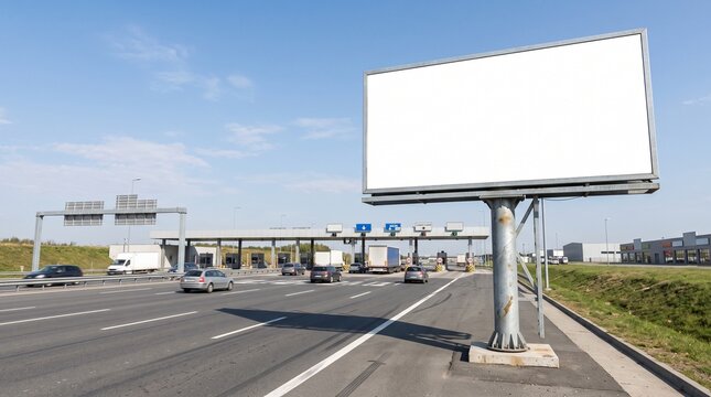 A large blank outdoor billboard mockup located on the side of a busy highway for advertising purposes