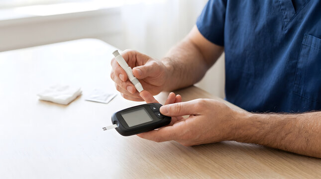 Healthcare professional using a blood glucose meter to check patient blood sugar levels