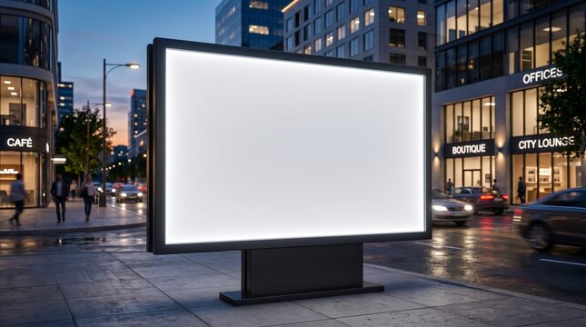 A blank outdoor billboard mockup located on a city street during the evening for your advertising design