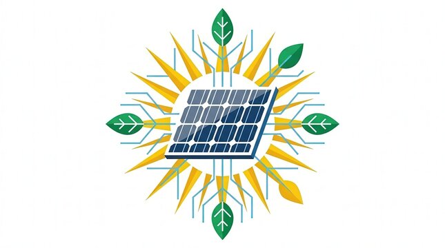 Abstract sun logo design with green leaves and solar panel rays
