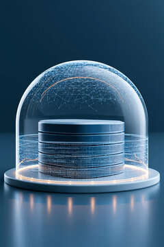 cybersecurity data center protected by a luminous digital dome, cinematic 3D render