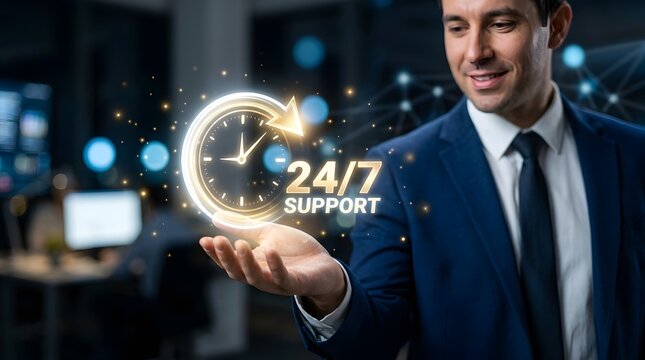 Businessman holding a digital 24 7 support clock icon