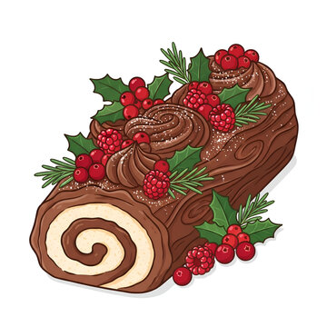 Traditional chocolate Christmas Yule log cake with berries and holly vector