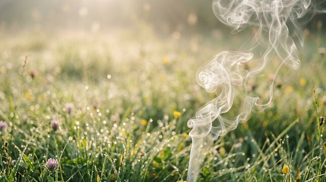 Wisps of smoke rise from a grassy field at sunrise.