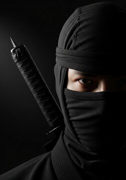 Mysterious Ninja Wearing Black Mask With Sword Handle Visible Over Shoulder In Dark Studio Lighting Close Up Portrait