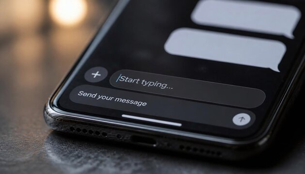 Modern smartphone screen displaying a messaging application template with empty chat bubbles and 'Start typing...' field, perfect for digital communication.