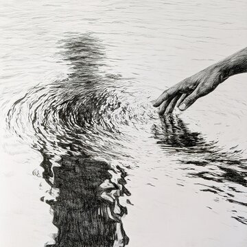 Hand touching water creating ripples and reflection
