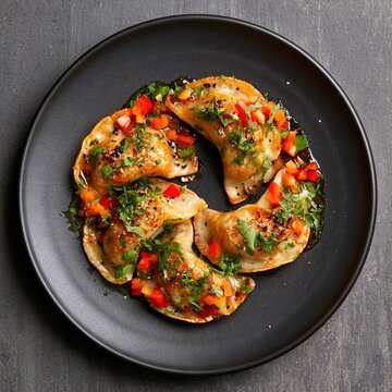 Fried gyoza dumplings with chili oil and fresh cilantro
