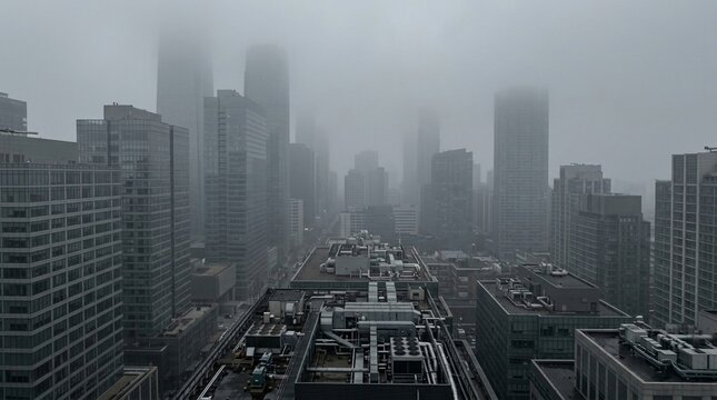 Modern downtown city skyline shrouded in thick fog, showcasing imposing tall buildings and urban architecture.