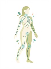 Fototapeta premium Illustration shows a human figure with lines and arrows indicating detox pathways. It highlights body wellness and skincare practices for health.