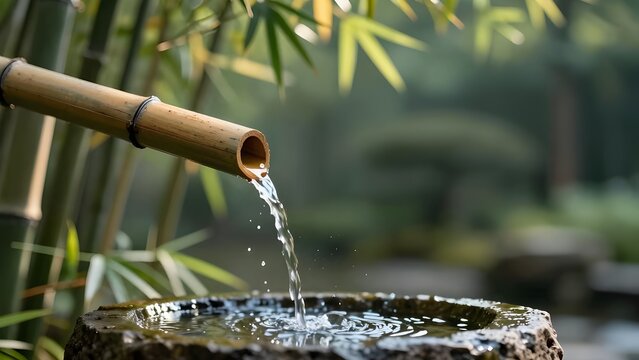 Zen Fountain: Clear water flows from a bamboo spout into a stone basin, surrounded by serene bamboo stalks and lush greenery, creating a tranquil and peaceful atmosphere.