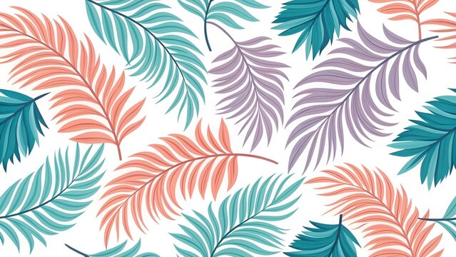 Tropical palm fronds in muted coral teal and lilac hues pattern against a clean white backdrop