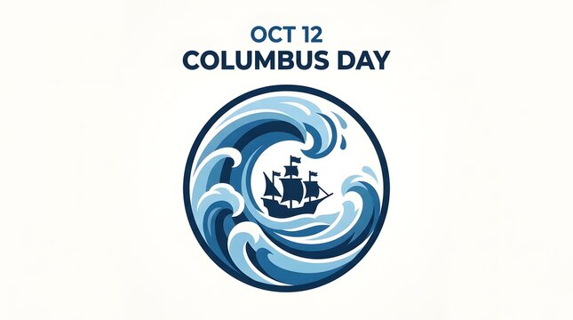 Columbus day october 12 holiday celebration with a ship icon inside a circular wave design isolated on white background