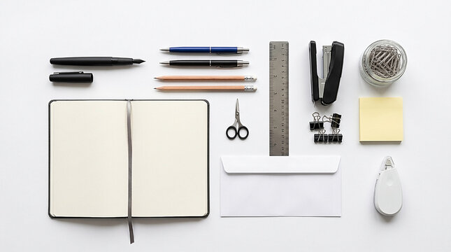 Flat lay of stationery supplies with open notebook pens pencils stapler and envelope on white desk background