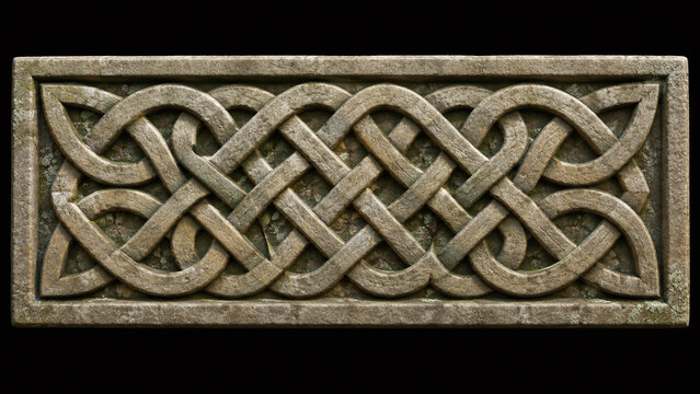 Scottish Celtic knotwork carved sandstone panel interlace relief pattern lichen patina heritage stonework museum quality illustration