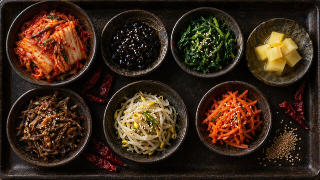 Korean banchan side dish dark flatlay overhead kimchi soybeans namul pickled radish sesame ceramic tray authentic cuisine food photo