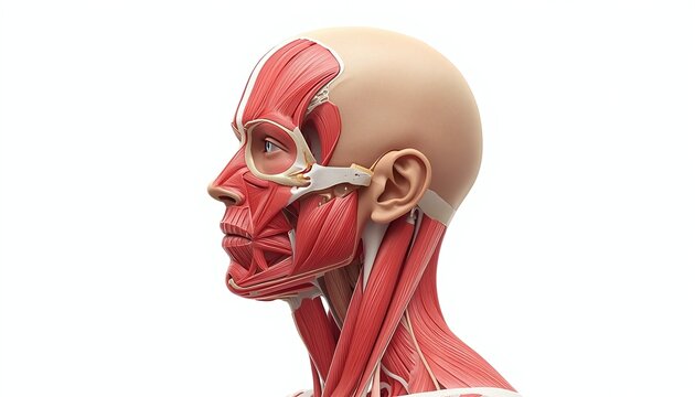 Human head anatomy muscles male face and neck detailed 3D render. Medical illustration of the superficial and deep musculature, bone structures, and ear in profile view on a white background.