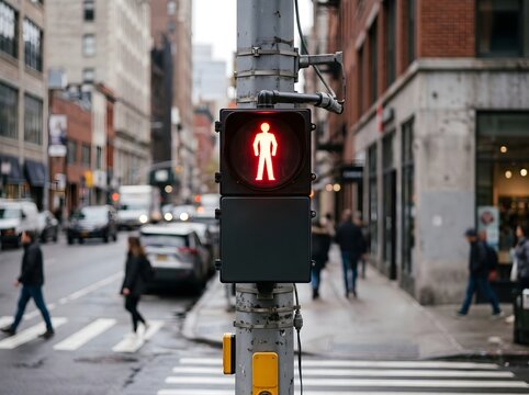 A red traffic light at a busy New York City street intersection showing a pedestrian stop signal during the day