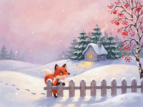 Watercolor winter landscape with a cozy stone cottage, pine trees, and a curious fox