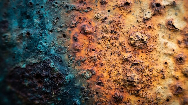 Close up of heavily rusted metal surface with teal and orange corrosion textured background