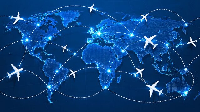 Global air travel flight paths represented by white silhouettes over a digital blue world map