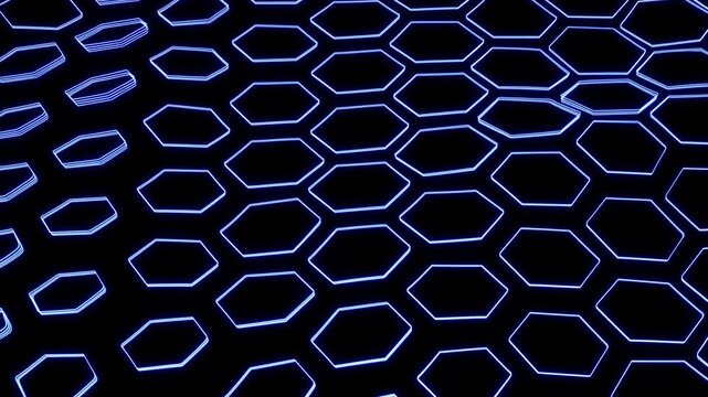 Glowing blue honeycomb grid separates into individual hexagonal outlines while the pattern tilts into perspective over black background, revealing layered edges, depth, and widening gaps
