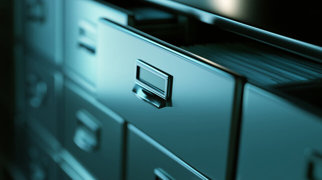 Close up of open dark metal filing cabinet drawers in office archive storage