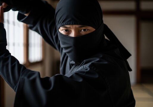Ninja In Black Outfit Raising Arm In Traditional Indoor Dojo Setting With Focused Eyes And Serious Expression Looking Forward