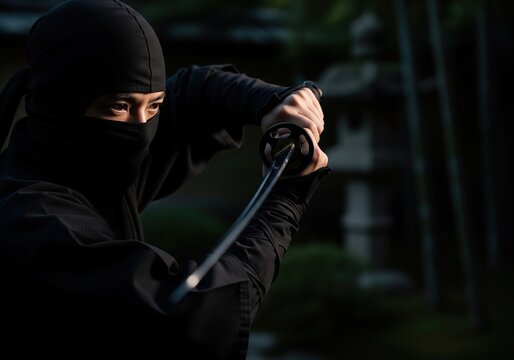 Ninja Holding Katana Sword In Ready Position Outdoors With Dark Background And Focused Sideways Gaze Under Soft Light