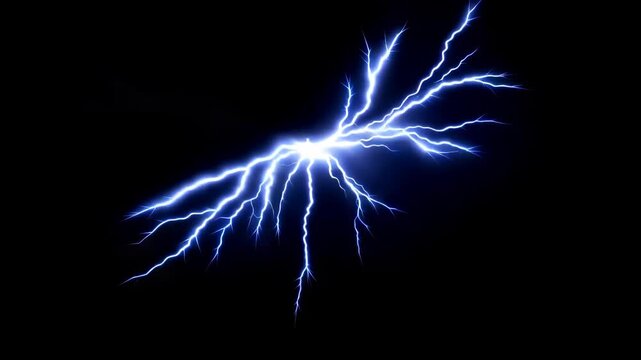 Electrical lightning discharge striking across dark night sky background creating intense blue glowing energy flashes in high motion video animation