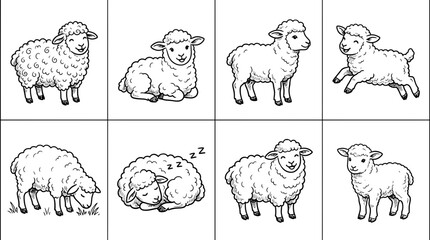Obraz premium Cute sheep and lamb line art collection for kids coloring pages and animal illustrations set