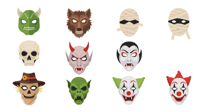 Halloween Monster Face Masks and Creepy Spooky Avatar Characters Vector Illustration Set