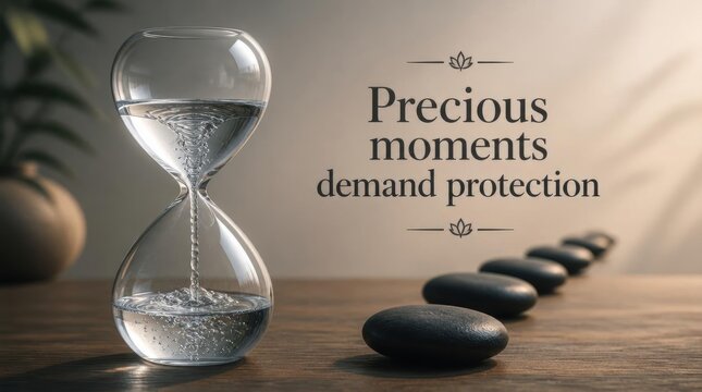 Minimalist still life of a glass hourglass with a water vortex inside, placed on a wooden desk beside a row of black zen stones and inspirational text on a neutral studio wall.