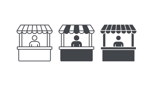 Market stall icon set showing vendor standing in retail booth