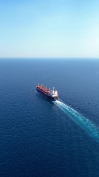 High aerial view of a general cargo ship sailing over the open ocean as a concept or transport and logistics