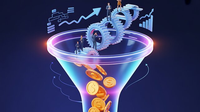 Glass funnel glows above swirling light representing sales conversion marketing strategy business process filter growth technology 