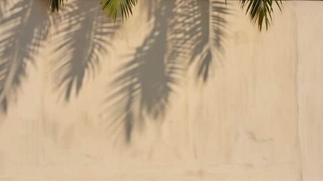 Palm tree leaf shadows swaying across a textured beige concrete wall in this calming outdoor sunny motion background video clip
