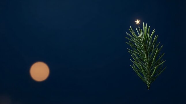 IA generated minimal pine twig decorated with a tiny glowing star against a dark blue background with warm soft bokeh light.