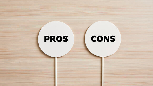 Two round white signs with words pros and cons placed on a wooden table.