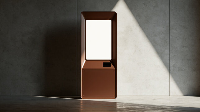A modern bronze kiosk stands against a minimalist concrete wall with dramatic lighting.