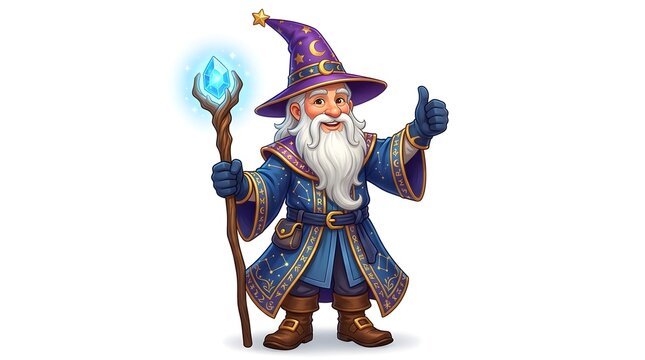 A friendly fantasy wizard character wearing a purple hat and blue robes holding a glowing magic staff