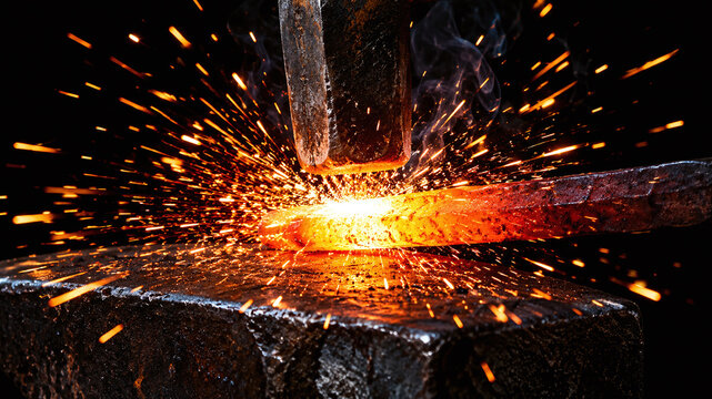 Steel forging sparks macro molten metal hammer strike orange glow blacksmith craft anvil dark background industry photography