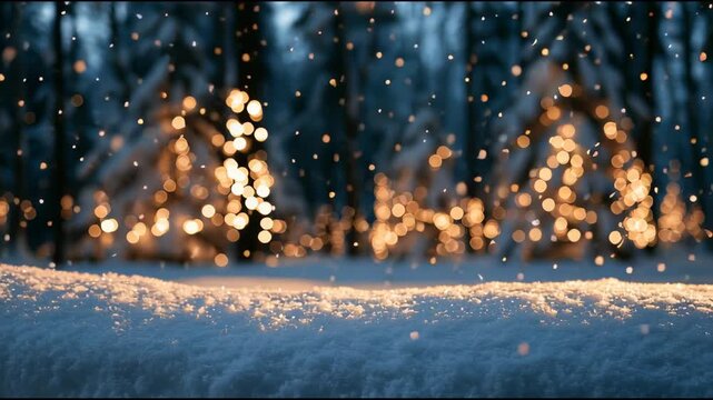 Golden snow falling in a magic winter forest with christmas lights creating a beautiful bokeh effect during a peaceful celebration eve and festive december holiday