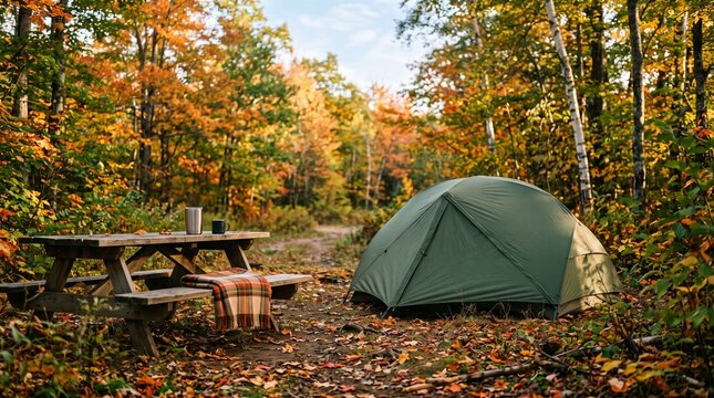 Cozy campsite with a tent and picnic setup surrounded by warm autumn foliage.