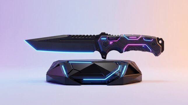 Futuristic cyberpunk tactical commando knife with rugged black blade, glowing blue edge and neon pink purple accents, isolated modern equipment concept.
