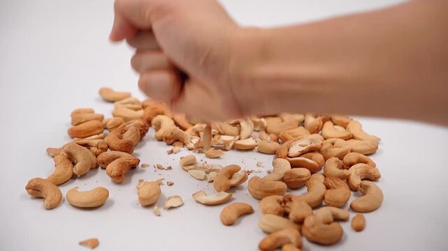 shot of a hand smashing nuts for cooking. Isolated on white background. Concept for strength, energy, crushed craked broken nuts isolated on white