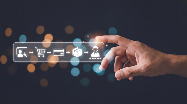 E-commerce customer journey concept, hand touching digital shopping process icons, online retail purchase workflow