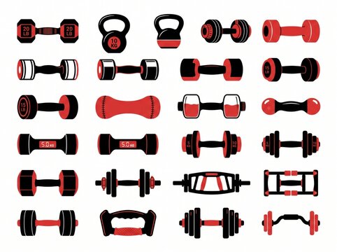 A collection of red and black gym and fitness equipment icons for workout designs.